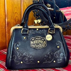 Westworld Mariposa Saloon Kiss Lock Handbag Black Tooled & Studded Faux Leather